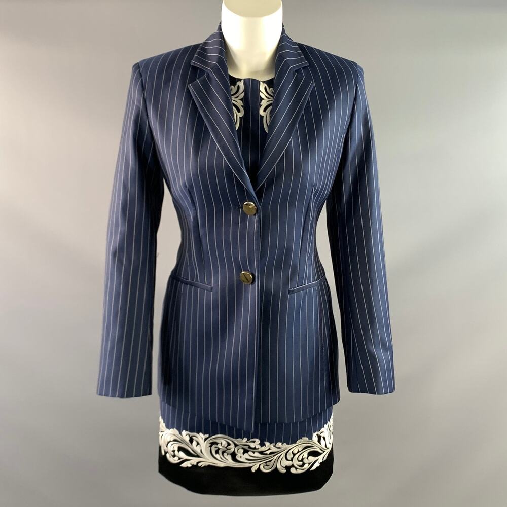 VERSACE SS2013 Size 4 Blue White Viscose Cupra Pinstripe Dress & Blazer Set